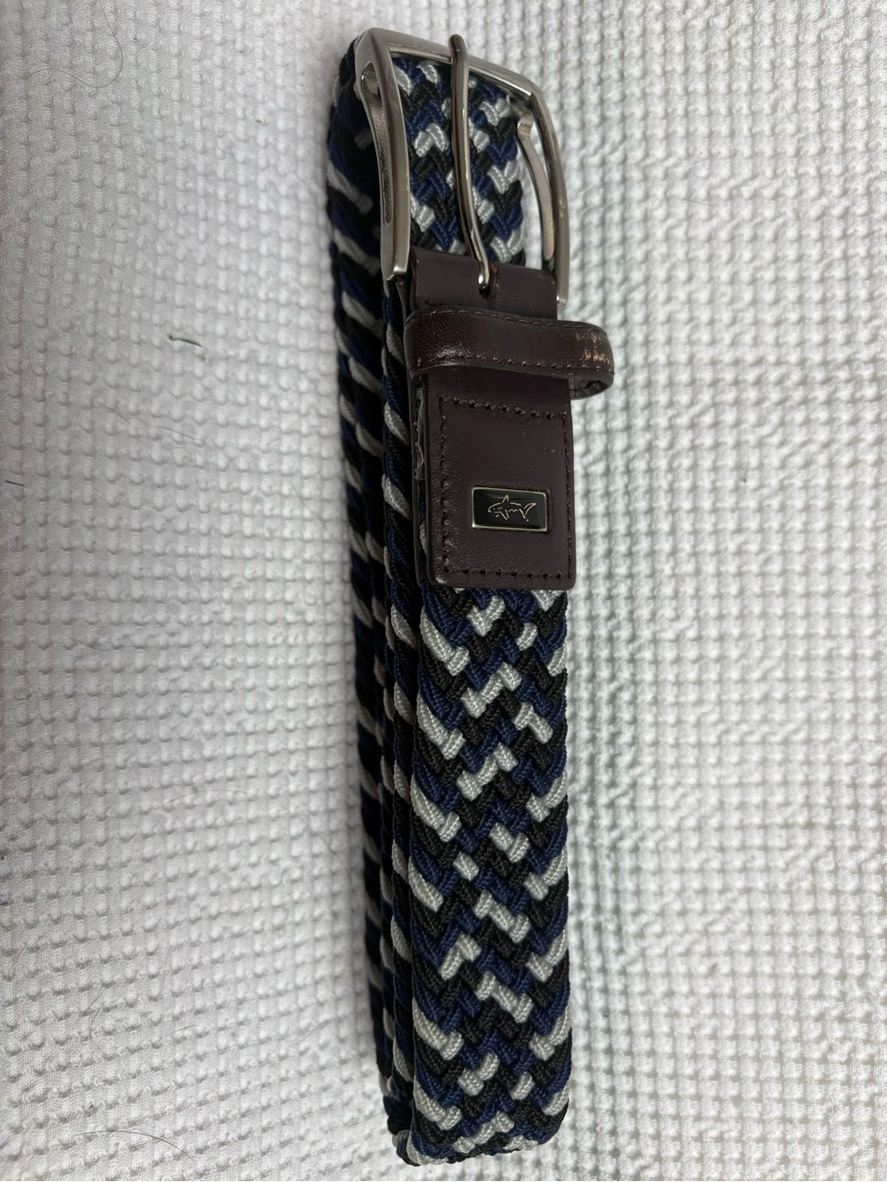 Greg Norman Braided Navy & Gray Men's Golf Belt with Brown Leather Trim